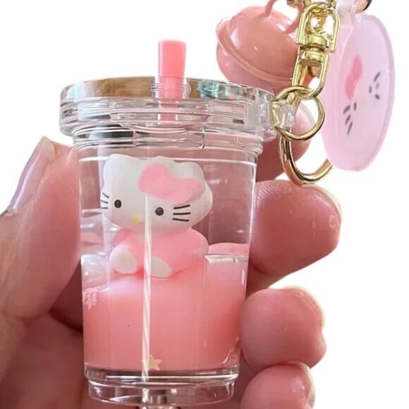 Hello Kitty Baby Pink Boba Tea Liquid Bag Charm Keychain - Picture 1 of 3